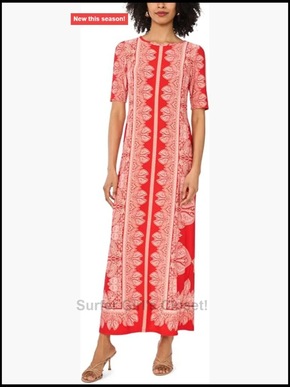 3/4 Sleeve Maxi Dress Crew Neck Rayon Flowy Button Front